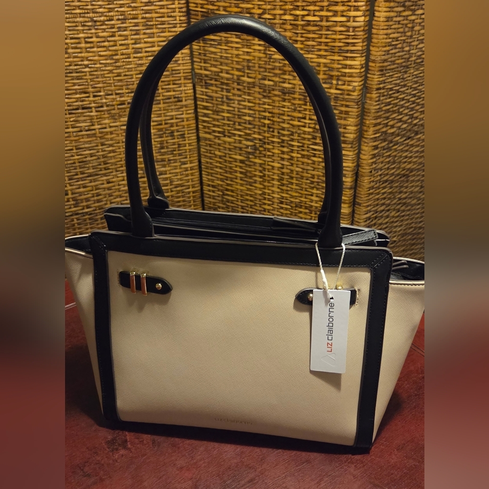 SOLD-Liz Claiborne Two-Tone Black & Cream Structured Tote Bag